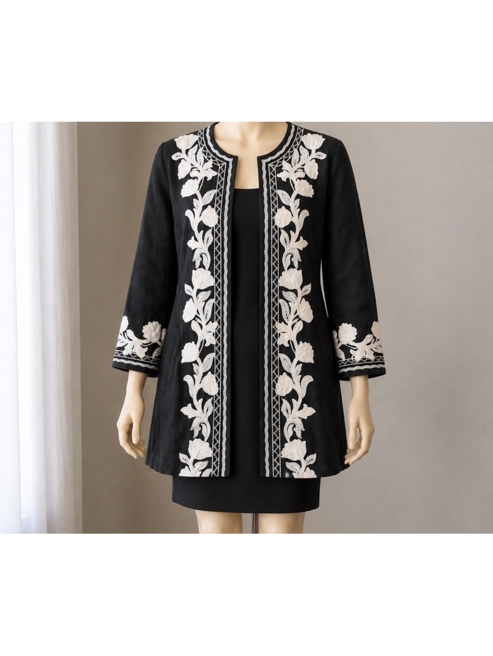 Chico’s Size 3 Black Linen Jacket White Floral Embroidered Long Open Front Boho